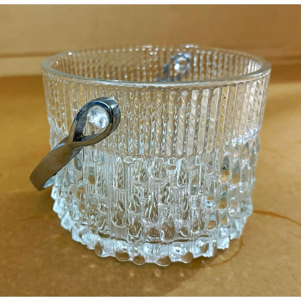 Clear Ribbed Glass Ice Bucket w/ Metal Swing Handle